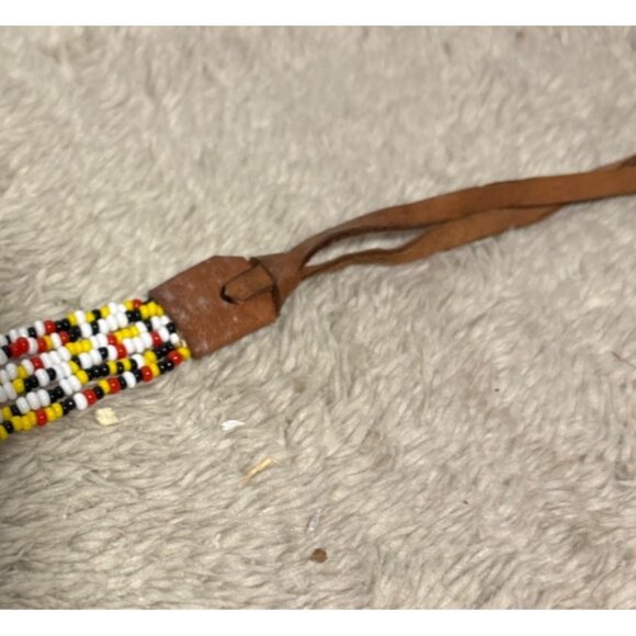 Handcrafted Multicolor Beaded Leather Bracelet Necktie With Adjustable Ties - Picture 4 of 8